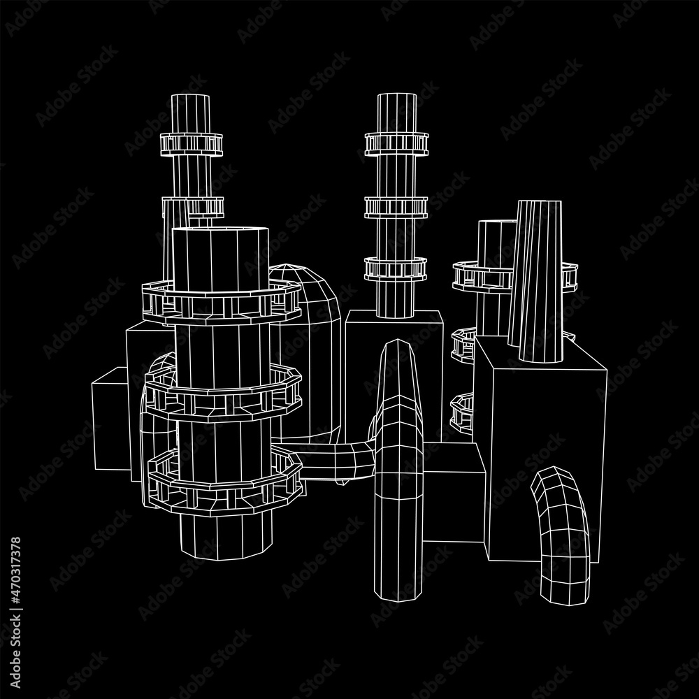 Fototapeta premium Industrial building factorie facilitie power plant with chimneys. Wireframe low poly mesh vector illustration.