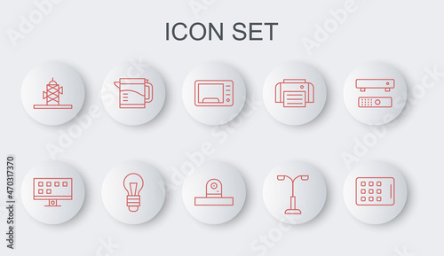 Set line Graphic tablet, Smart Tv, Microwave oven, Street light, Antenna, Electric kettle, Light bulb and Security camera icon. Vector