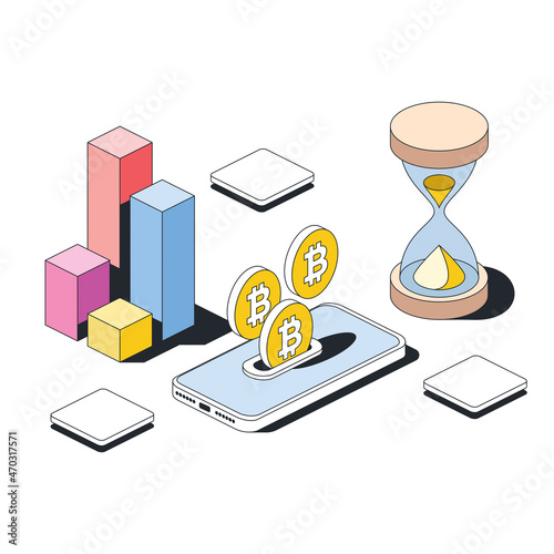 Hourglass, money coins, bitcoin in smartphone wallet, chart. Vector 3d sketch line isometric style, color icon illustration. Creative design idea and infographics elements.
