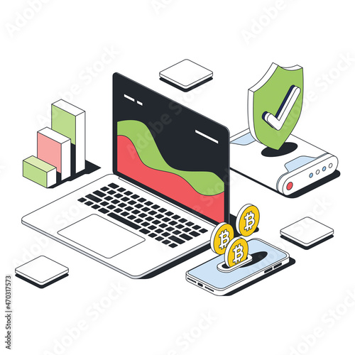 Laptop screen charts charts, bitcoin coins cryptocurrency screen, security shield, storage disk.Vector 3d sketch line isometric style, color icon illustration. Creative design idea and infographics