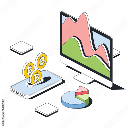 Monitor, pie chart graph, crammed mobile crypto wallet. Vector 3d sketch line isometric style, color icon illustration. Creative design idea and infographics elements.