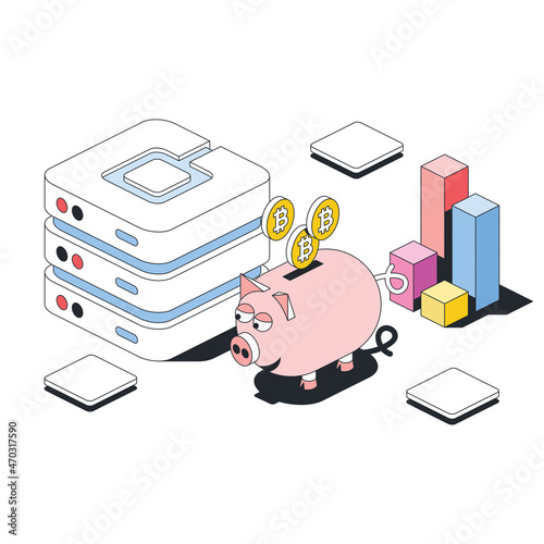 Server, pig piggy bank, bitcoin coins, graph chart. Vector 3d sketch line isometric style, color icon illustration. Creative design idea and infographics elements.