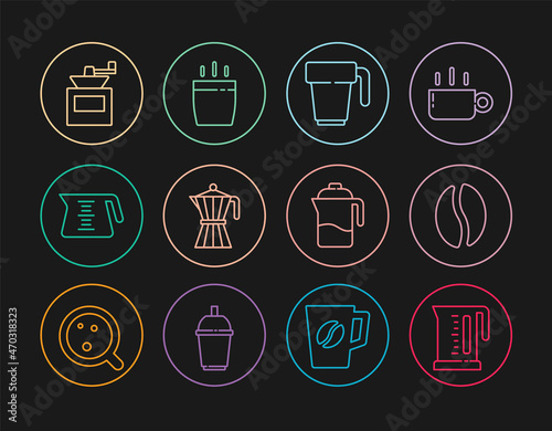 Set line Electric kettle, Coffee beans, cup, moca pot, Manual coffee grinder, French press and icon. Vector