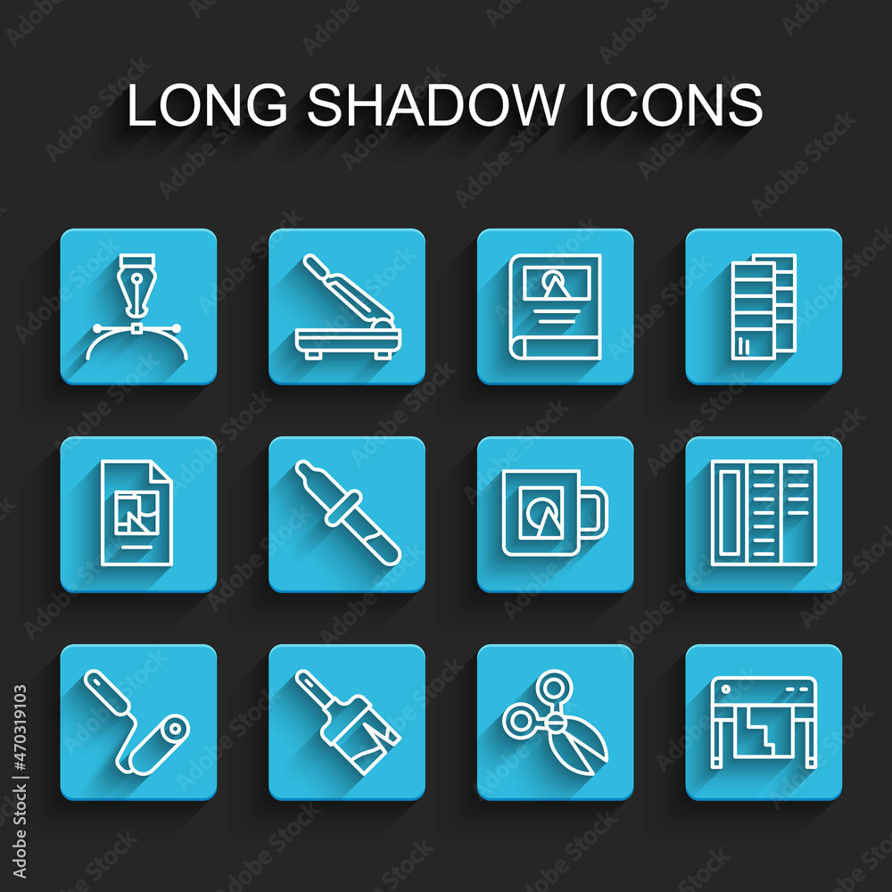 Set line Paint roller brush, Fountain pen nib, Scissors, Plotter, Pipette, Brochure and Coffee cup icon. Vector Set line Paint roller brush, Fountain pen nib, Scissors, Plotter, Pipette, Brochure and Coffee cup icon. Vector
