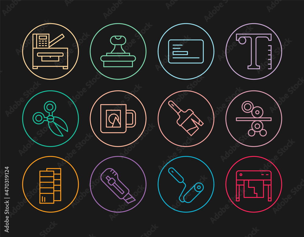 Set line Plotter, Paper roll of printing press, Business card, Coffee cup, Scissors, Copy machine, Paint brush and Stamp icon. Vector Set line Plotter, Paper roll of printing press, Business card, Coffee cup, Scissors, Copy machine, Paint brush and Stamp icon. Vector