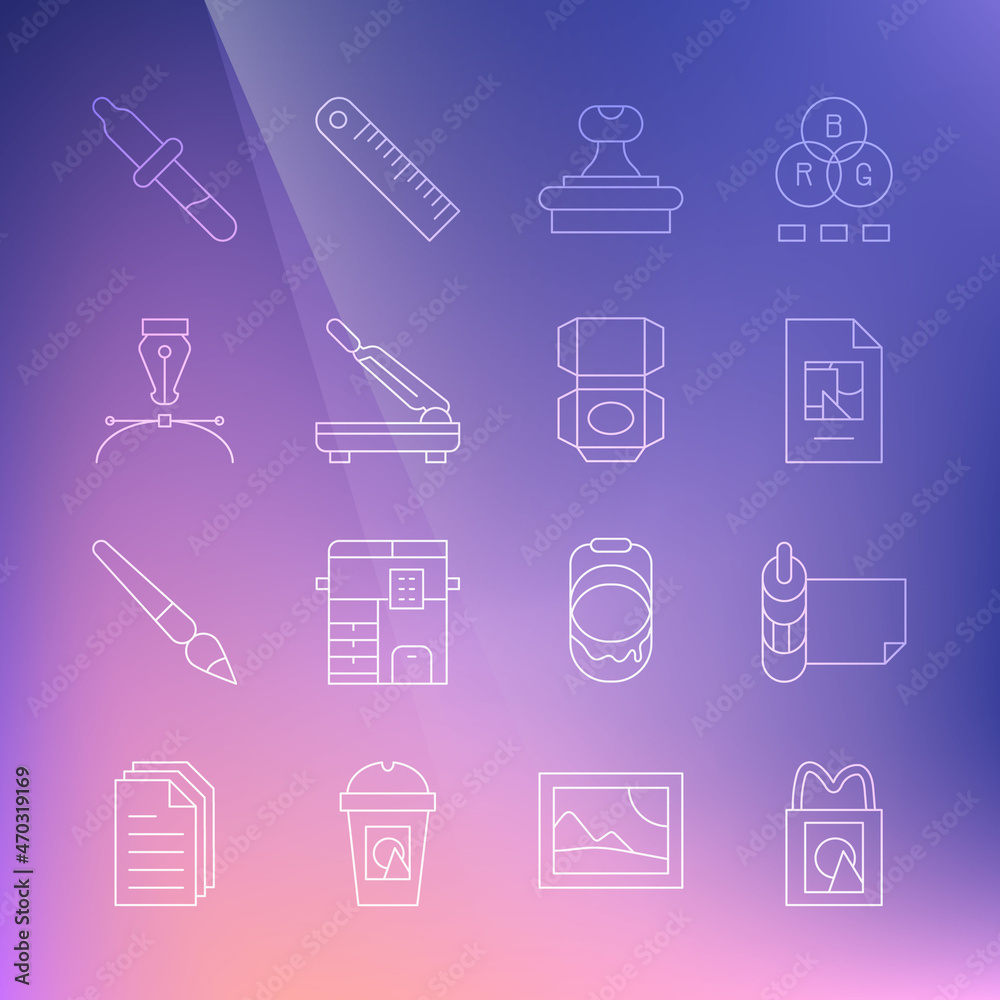 Set line Paper shopping bag, Roll of paper, File document, Stamp, cutter, Fountain pen nib, Pipette and Carton cardboard box icon. Vector Set line Paper shopping bag, Roll of paper, File document, Stamp, cutter, Fountain pen nib, Pipette and Carton cardboard box icon. Vector