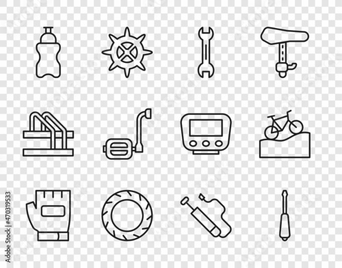 Set line Gloves, Screwdriver, Wrench spanner, Bicycle wheel tire, Sport bottle with water, pedal, air pump and Mountain bicycle icon. Vector