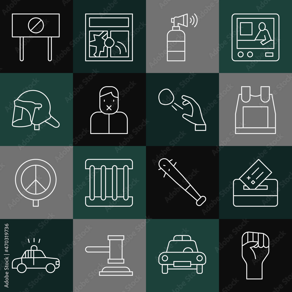 Set line Raised hand with clenched fist, Vote box, Bulletproof vest, Air horn, Censor freedom speech, Police helmet, Protest and Hooligan shooting stones icon. Vector Set line Raised hand with clenched fist, Vote box, Bulletproof vest, Air horn, Censor freedom speech, Police helmet, Protest and Hooligan shooting stones icon. Vector