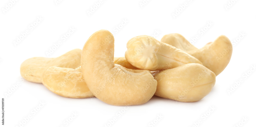 Pile of tasty organic cashew nuts isolated on white Pile of tasty organic cashew nuts isolated on white