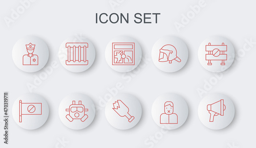 Set line Megaphone, Protest, Broken window, Censor and freedom of speech, Police officer, Prison, Gas mask and bottle weapon icon. Vector