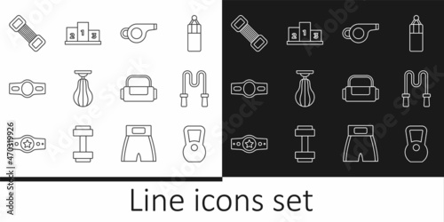 Set line Kettlebell, Jump rope, Whistle, Punching bag, Boxing belt, Chest expander, Sport and Award over sports winner podium icon. Vector