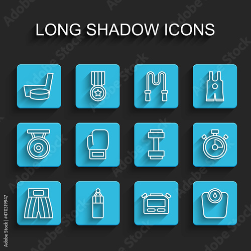 Set line Boxing short, Punching bag, Ice hockey stick and puck, Stopwatch, Bathroom scales, glove, and Dumbbell icon. Vector