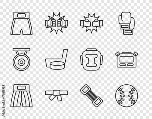 Set line Boxing short, Baseball ball, Punch boxing gloves, Black karate belt, Ice hockey stick and puck, Chest expander and Stopwatch icon. Vector