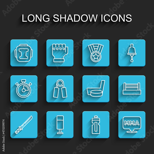 Set line Japanese katana, Punching bag, Boxing helmet, Fitness shaker, Fight club MMA, Sport expander, ring and Ice hockey stick puck icon. Vector