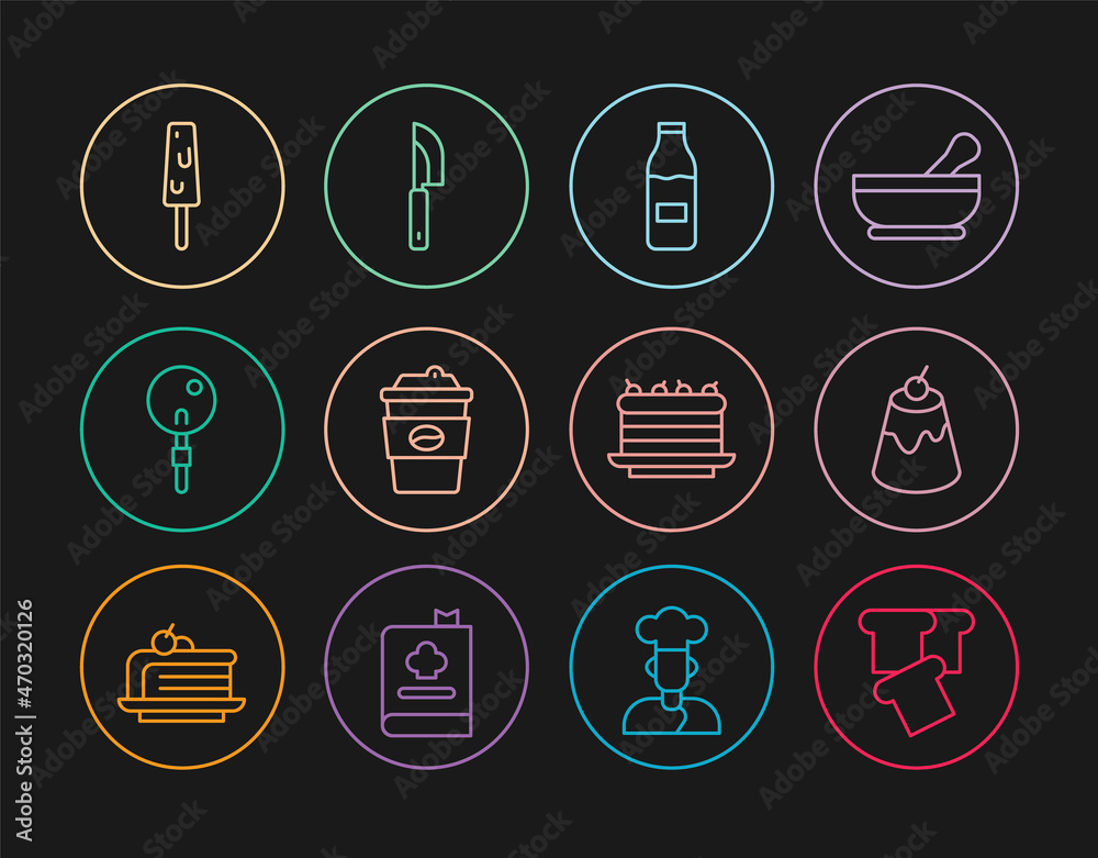 Set line Bread toast, Pudding custard, Bottle with milk, Coffee cup go, Lollipop, Ice cream, Cake and Knife icon. Vector Set line Bread toast, Pudding custard, Bottle with milk, Coffee cup go, Lollipop, Ice cream, Cake and Knife icon. Vector