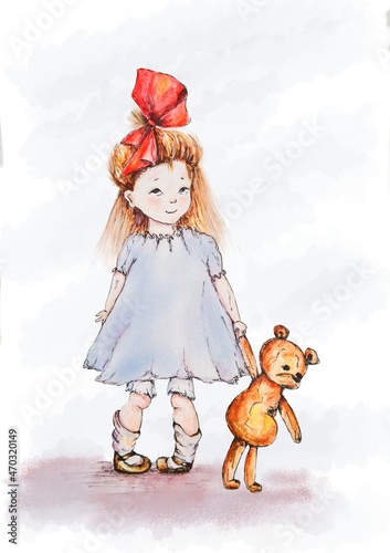Cute baby girl with red bow and teddy bear