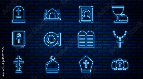 Set line Easter egg, Christian cross on chain, icon, Star and crescent, Cross ankh book, Tombstone with, The commandments and Hindu spiritual temple icon. Vector