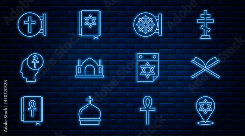 Set line Star of David, Holy book Koran, Dharma wheel, Hindu spiritual temple, Cross ankh, Christian cross, Jewish calendar and torah icon. Vector