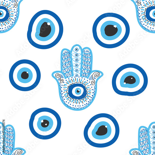 Evil eye seamless pattern. Magic, witchcraft, occult symbol, line art collection. Hamsa eye, magical eye, decor element.
