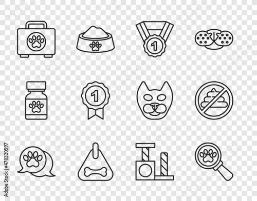 Set line Paw print, Veterinary clinic, Dog award symbol, collar, Pet first aid kit, Cat scratching post and No shit icon. Vector