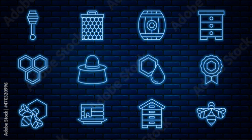 Set line Bee, Honey medal, Wooden barrel with honey, Beekeeper protect hat, Honeycomb, dipper stick, and icon. Vector