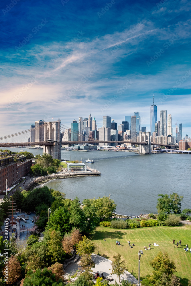 New York City skyline.Manhattan town panoramic view Brooklyn Bridge World Trade Center. Vertical photo.