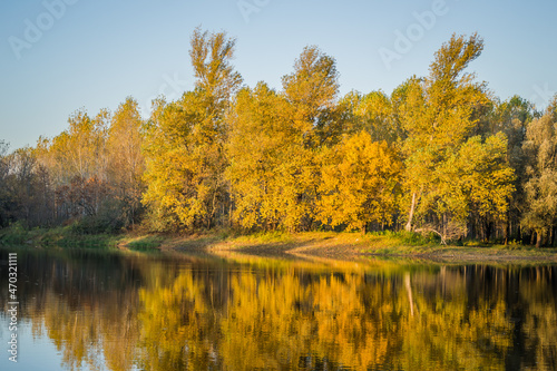Begec  Serbia - October 30. 2021  Autumn panorama on the artificial lake Begecka jama  near the city of Novi Sad. 