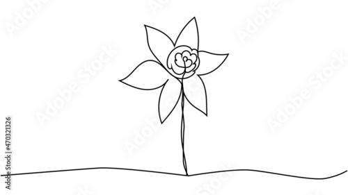 One single line drawing of beauty fresh narcissus for garden logo. Printable decorative daffodil flower