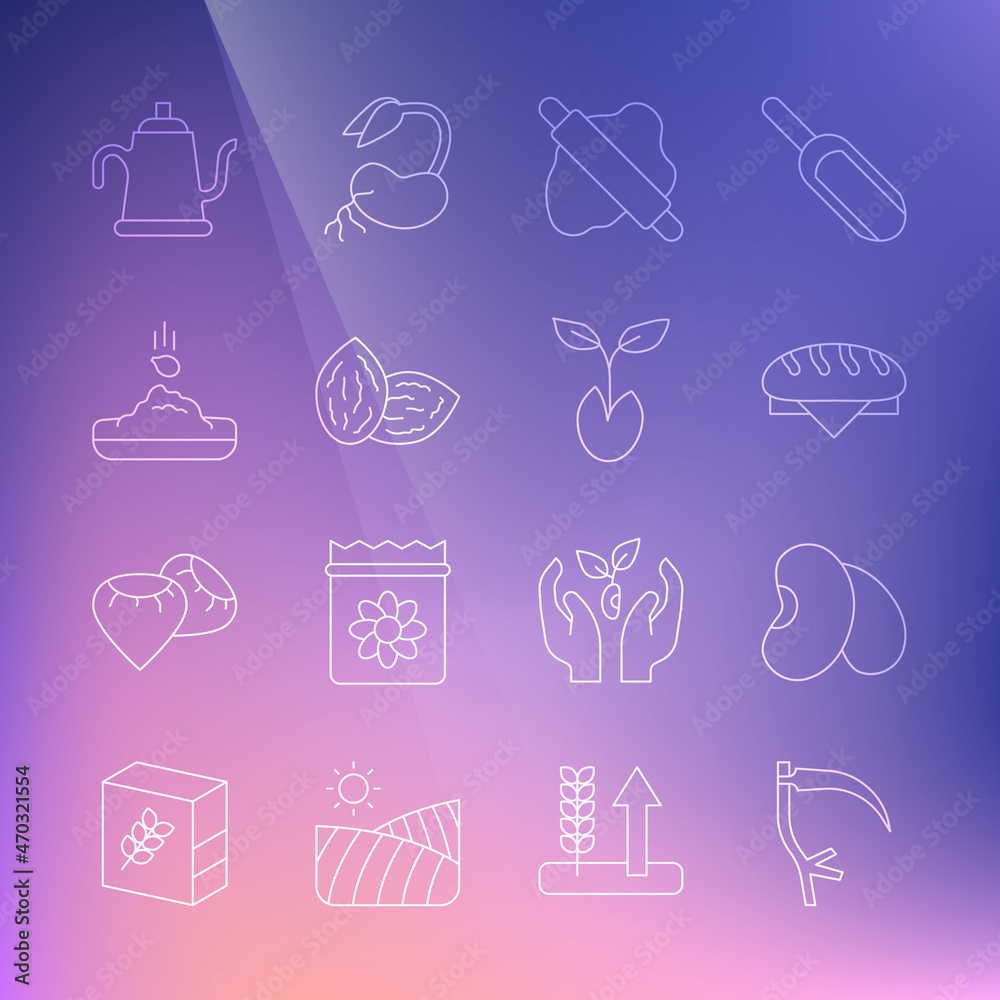 Set line Scythe, Beans, Bread loaf, Rolling pin on dough, Seed, Watering can and Sprout icon. Vector Set line Scythe, Beans, Bread loaf, Rolling pin on dough, Seed, Watering can and Sprout icon. Vector