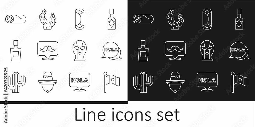 Set line Mexico flag, Hola, Burrito, Mustache, Tequila bottle, Mexican wrestler and Cactus icon. Vector