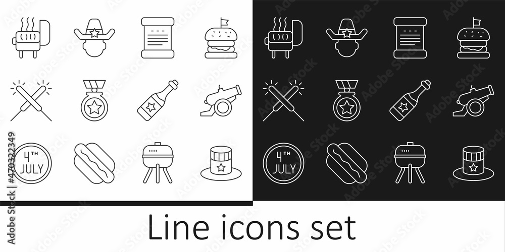 Set line Patriotic American top hat, Cannon, Declaration of independence, Medal with star, Sparkler firework, Barbecue grill, Champagne bottle and Sheriff cowboy icon. Vector