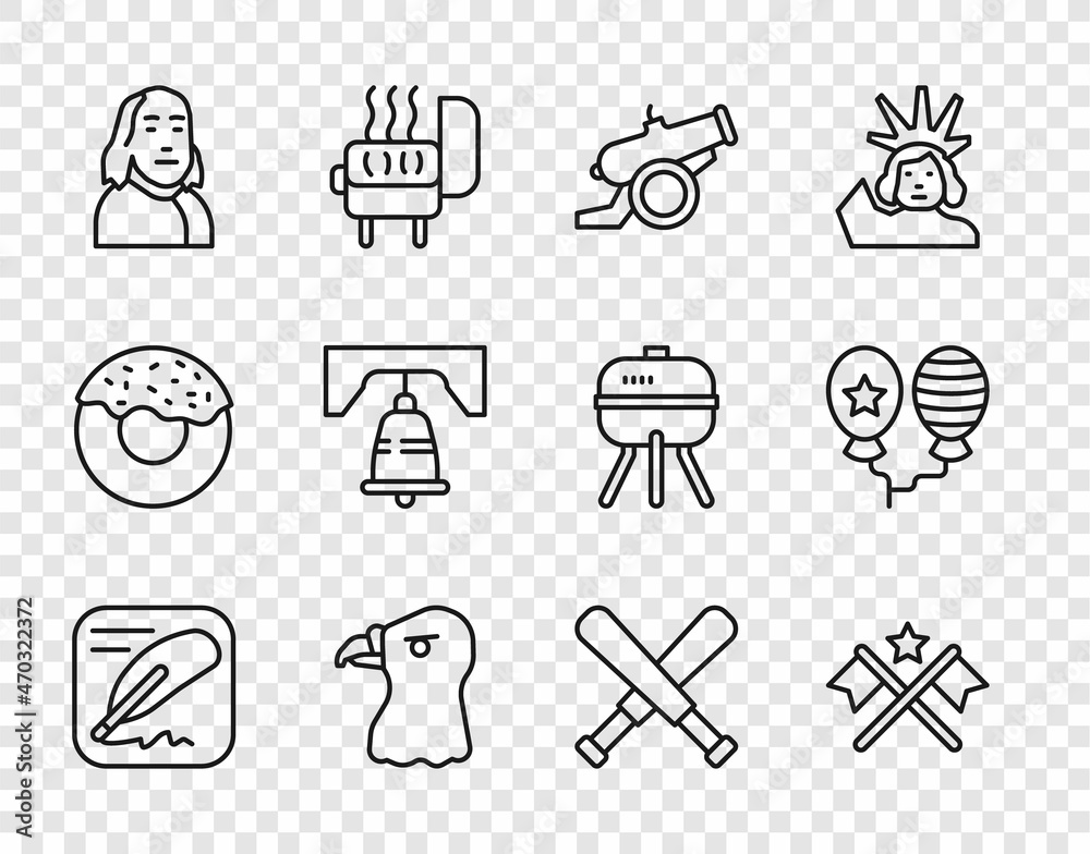 Set line Declaration of independence, American flag, Cannon, Eagle head, Benjamin Franklin, Liberty bell Philadelphia, Crossed baseball bat and Balloons icon. Vector Set line Declaration of independence, American flag, Cannon, Eagle head, Benjamin Franklin, Liberty bell Philadelphia, Crossed baseball bat and Balloons icon. Vector