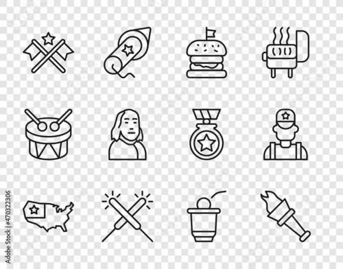 Set line USA map, Torch flame, Burger, Sparkler firework, American flag, Benjamin Franklin, Beer pong game and Sheriff cowboy icon. Vector