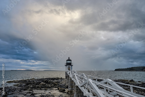 The Marshall Point Lighthouse on the Maine Coast during a rain squall