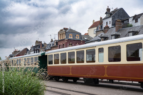 Old red steam train in the town of Saint-Valéry-sur-Somme Picardie in France
