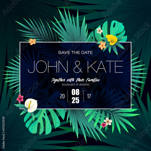 invitation card design with exotic tropical leaves