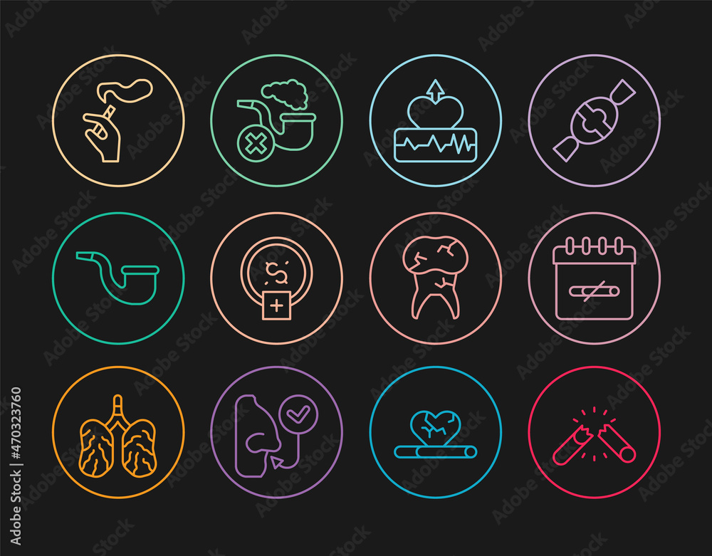 Set line Broken cigarette, No smoking days, Heartbeat increase, Stop smoking, money saving, pipe, Hand with, Tooth caries and Smoking smoke icon. Vector