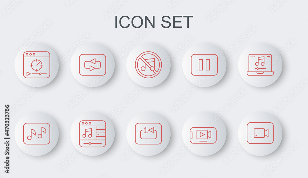 Set line Play video button, Music note, tone, Speaker mute, Online play, Repeat, player and track music icon. Vector