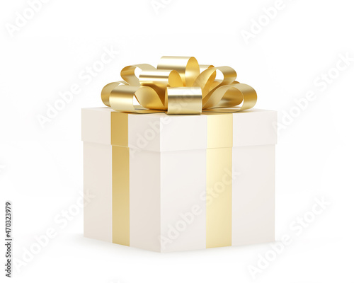 White gift box with gold ribbon. Isolated on a white background. 3D illustration