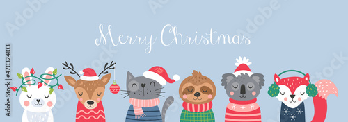 Christmas holiday cute animals set. Childish print for cards, stickers, apparel and nursery decoration. Vector illustration