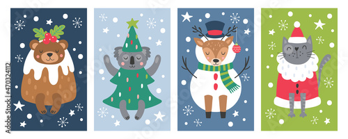 Christmas holiday cute animals in Christmas costume set. Childish print for cards, stickers, apparel and nursery decoration. Vector illustration