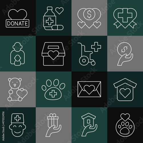 Set line Heart with animals footprint, Shelter for homeless, Donation and charity, Taking care of children, and Wheelchair disabled person icon. Vector