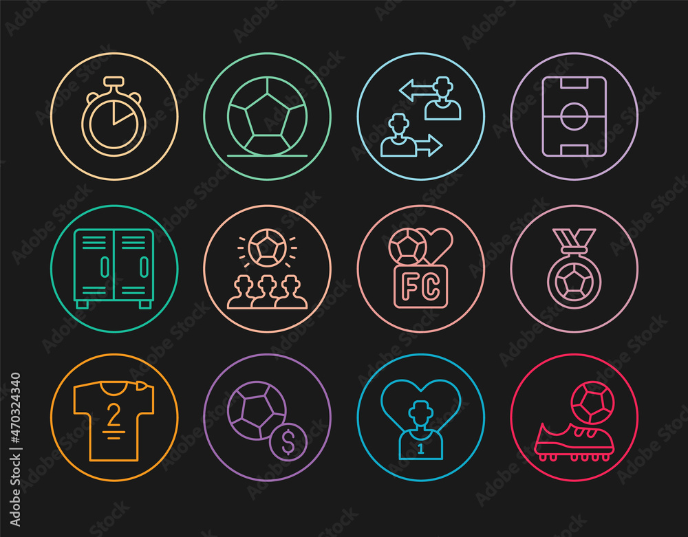 Set line Football shoes, or soccer medal, Substitution football player, Soccer, Locker changing room, Stopwatch, Fan club and icon. Vector