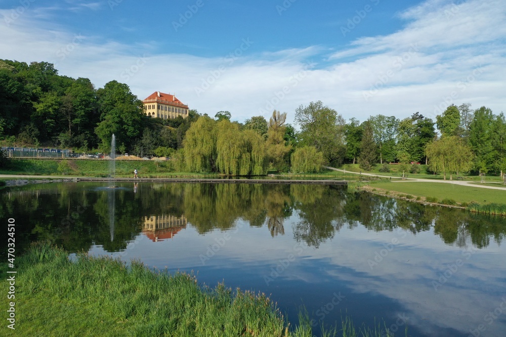Fototapeta premium An aerial view of Prague's largest park Stromovka in spring sunny morning