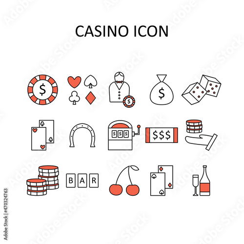Vector illustration with casino icons - chips; cards; clubs; diamonds; croupier; slot machine; champagne; dice; horseshoe.