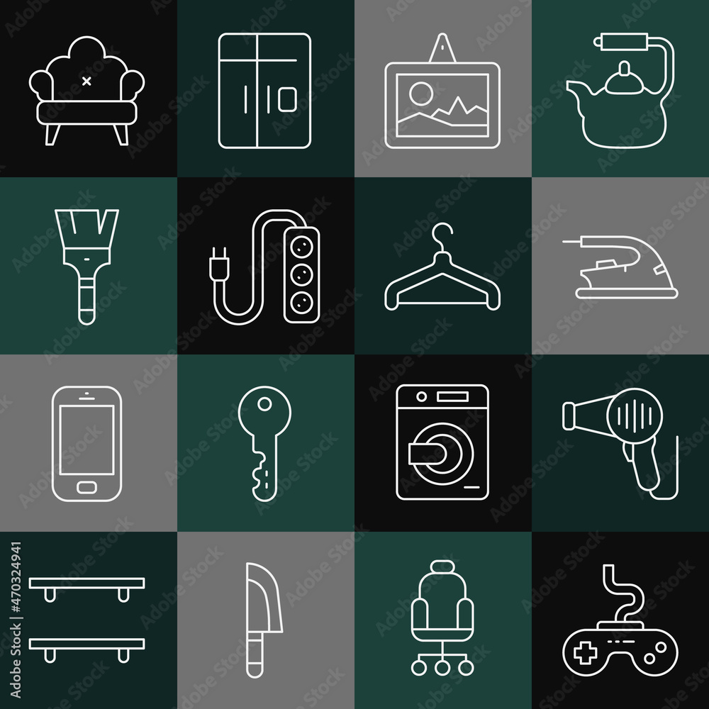 Set line Gamepad, Hair dryer, Electric iron, Picture, extension, Paint brush, Sofa and Hanger wardrobe icon. Vector Set line Gamepad, Hair dryer, Electric iron, Picture, extension, Paint brush, Sofa and Hanger wardrobe icon. Vector