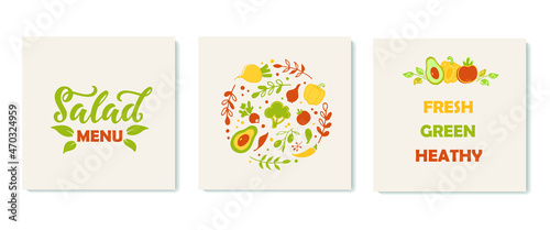 Salad menu text with leaves and vegetables. Hand lettering typography. Modern brush calligraphy for salad bar, vegan menu, poster, card, banner. Vector doodle illustration isolated on white background