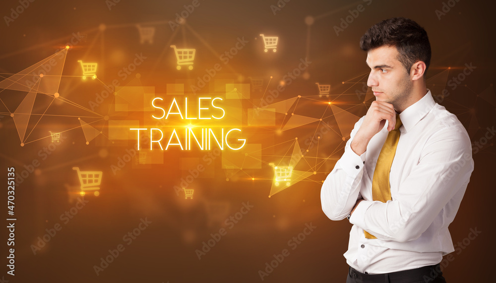 Businessman thinking about shopping concept Businessman thinking about shopping concept