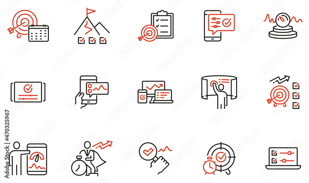 Vector set of linear icons related to productivity time, task management, dashboards of apps, work progress and performance indicators. Mono line pictograms and infographics design elements Vector set of linear icons related to productivity time, task management, dashboards of apps, work progress and performance indicators. Mono line pictograms and infographics design elements