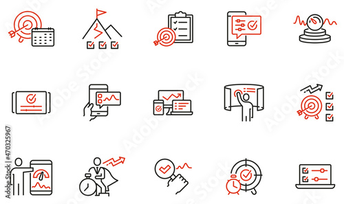 Vector set of linear icons related to productivity time, task management, dashboards of apps, work progress and performance indicators. Mono line pictograms and infographics design elements photo